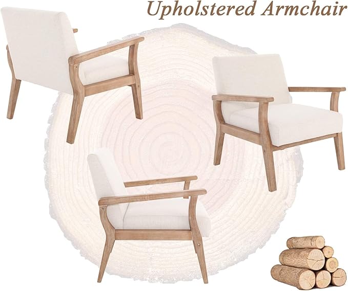 Beige Accent Chair Set of 2 Mid Century Modern Living Room Armchair Wood Sitting Chair Linen Fabric Upholstered Side Chair for Bedroom Cream