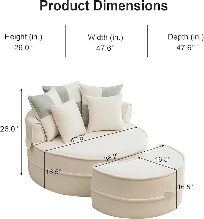 DEINPPA Oversized Round Accent Barrel Chair with Movable Ottoman Cloud Circle Chair with 5 Comfy Pillows for Living Room Reading Room Bedroom Boneless Couch No Assembly Required-Beige