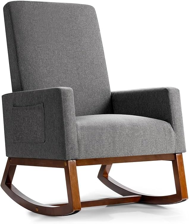 MEDIMALL Comfortable Rocking ChairModern Fabric Armchair w/Wood Base Side PocketLinen Padded Seat Suitable for Living Room Bedroom Nursery (Grey)