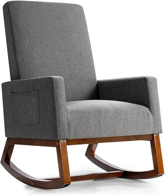 MEDIMALL Comfortable Rocking ChairModern Fabric Armchair w/Wood Base Side PocketLinen Padded Seat Suitable for Living Room Bedroom Nursery (Grey)