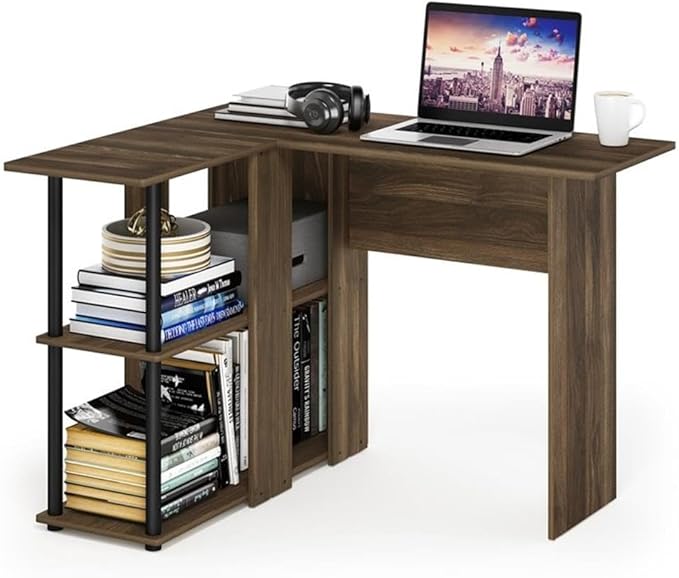 Furinno Abbott L-Shape Computer Desk with Bookshelf Columbia Walnut/Black