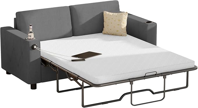 80'' Pull Out Sofa Bed 2 in 1 Sleeper Sofa with Cup Holder &amp USB Charging Ports Queen Size Guest Bed with Memory Foam Mattress Convertible Couch for Small Spaces - Dark Grey