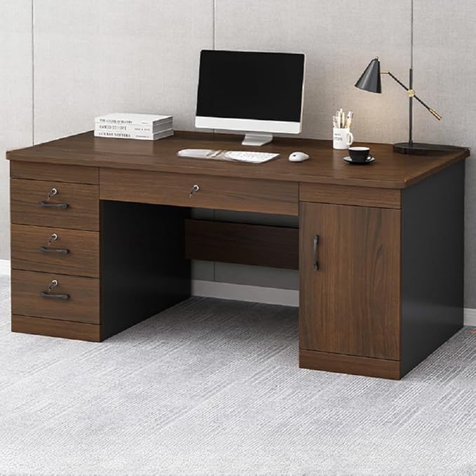 LITFAD Wood Finish Office Computer Desk with 4 Locking Drawer Cord Management Modern Executive Desk Simple Writing Desk for Home Office （Without Chairs） 63 L x 23.5 W x 29 H Dark Walnut B