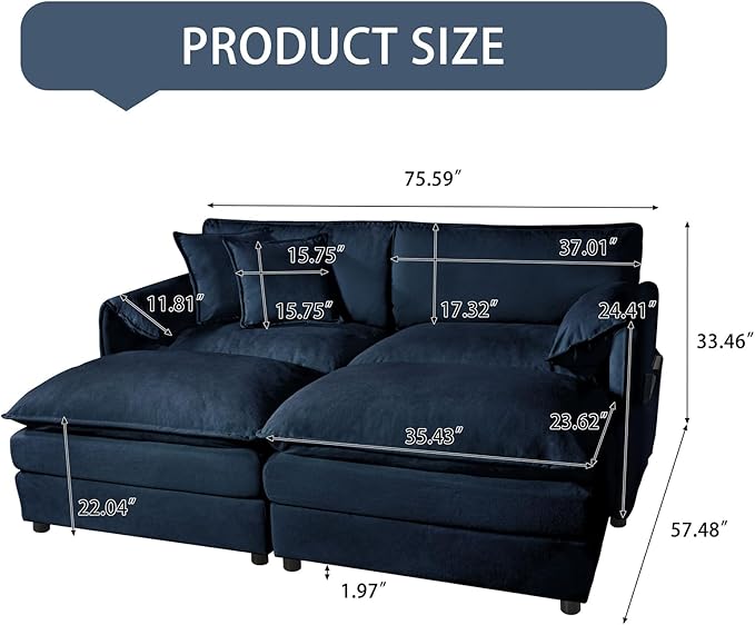 Cilee Oversized Loveseat Sofa 75.59 Cloud Couch with 2 Ottoman 2-Seater Deep Seat Couch with Pillow &amp Storage Pocket Love Seat Furniture for Living Room Bedroom Office Apartment Chenille Blu