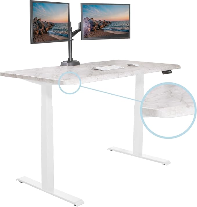 Vari ComfortEdge 60x30 Inch Adjustable Electric Standing Desk – Limited Edition Sit Stand VariDesk with Memory Presets &amp Sloped Front Edge + Tool-Free Assembly (Marble/White Legs)