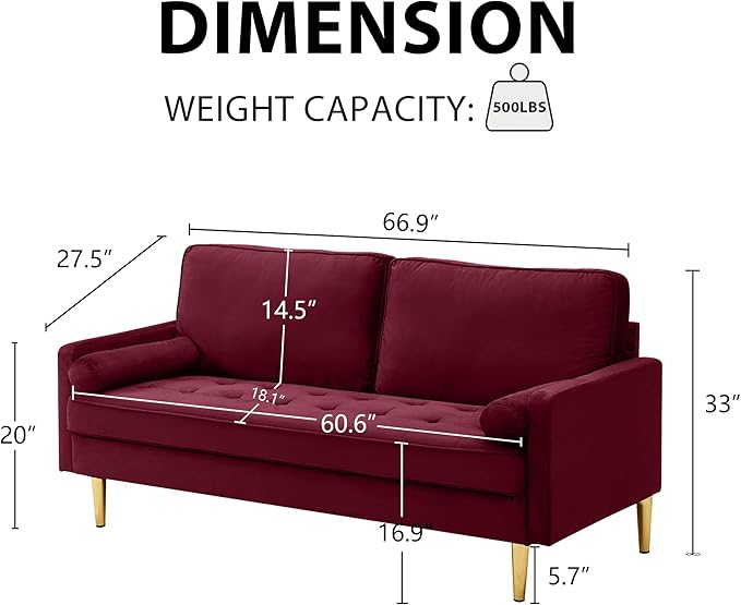 2-Seater Velvet Tufted Love Seat Couch with Bolster Pillows 67 Mid Century Modern Loveseat Sofa Golden Frosted Legs for Small Space Living Room Apartment Bedroom (Red)