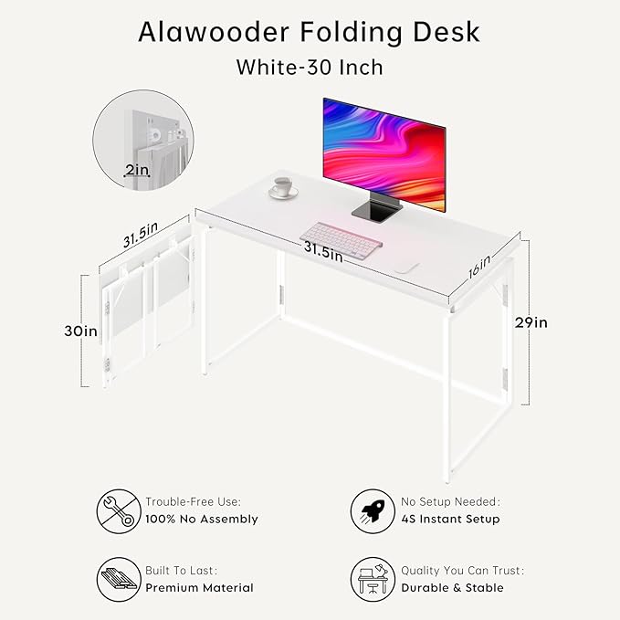Folding Desk - 31.5 Wood Top Foldable Desk for Small Spaces | No Assembly Required Compact Desk for Home Office Writing and Study
