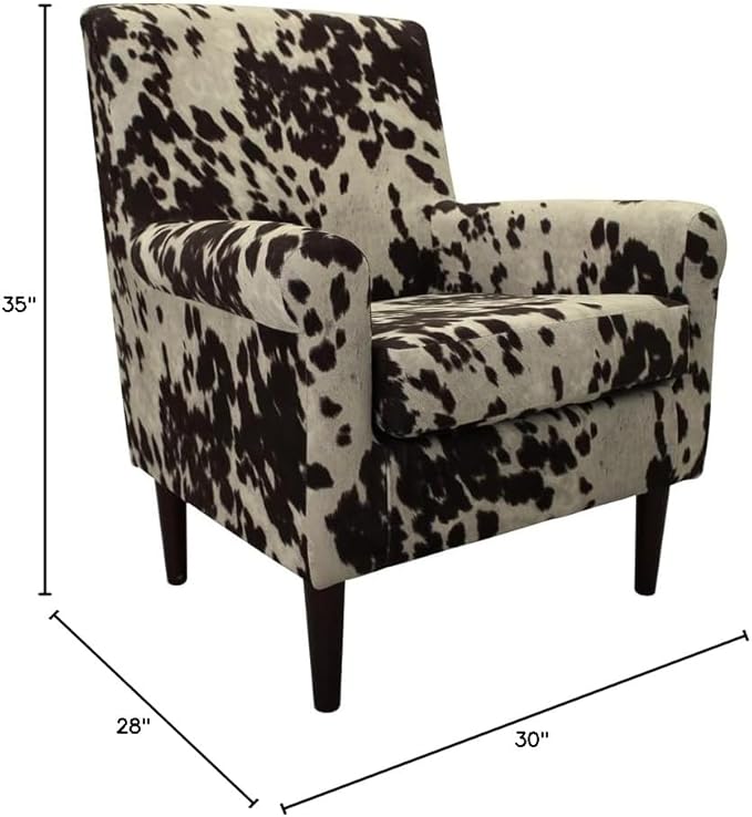 Pemberly Row Rolled Arm Lounge Chair 35 H x 28 W x 30 D Fabric Cowprint Design Cowhide Brown Finish Contemporary Accent Chair for Living Room or Bedroom