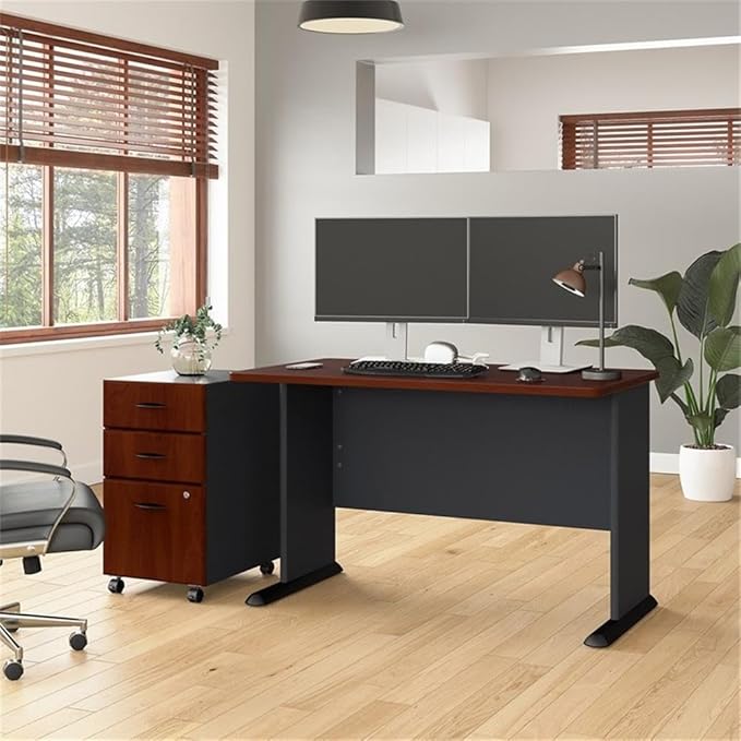 Bush Business Furniture Series A 48W Desk with Mobile File Cabinet in Hansen Cherry and Galaxy