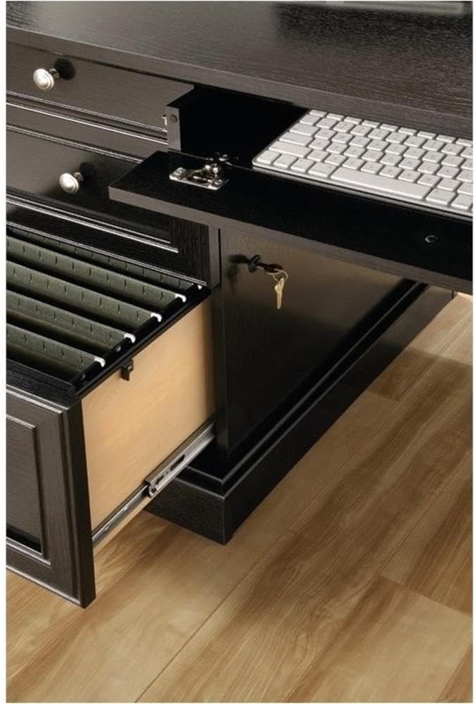 BOWERY HILL L-Shape Home Office Executive Desk with Large Drawers Letter Size Hanging File Drawer and CPU Tower in Wind Oak Finish