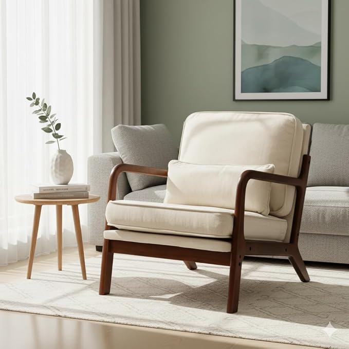 Simple Deluxe Mid-Century Modern Wood Accent Chair &amp Cozy Reading Chair Upholstered Living Room Chair with Waist Cushion Solid Wood Chair with Pillow for Bedroom Beige