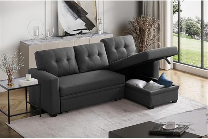 Devion Furniture L-Shaped Polyester Fabric Reversible Easy Convertible Pull-Out Sleeper Sectional Sofa/Storage Chaise with Tufted Back Cushions and Track Arms in Dark Gray
