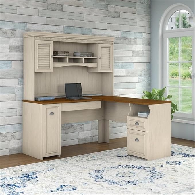 Bush Furniture L Shaped Desk with Hutch Drawers and Storage Cabinet Fairview Collection Corner Computer Table for Home Office with Pewter Accents 60Wx60Dx69H