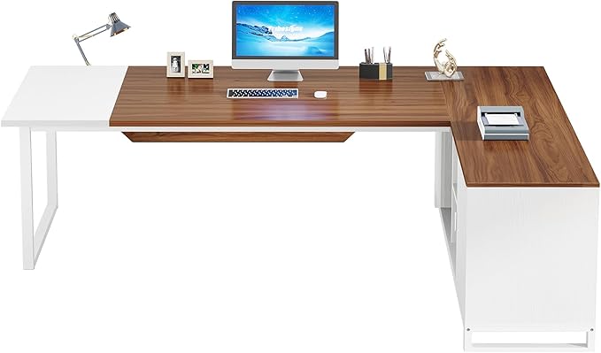 Tribesigns 70.8-Inch Executive Desk with 55-Inch File Cabinet Large L Shaped Computer Desk with Storage Cabinet and Shelves Modern L-Shaped Desk for Home Office Walnut &amp White