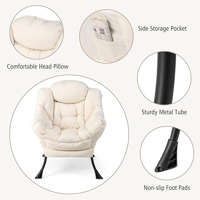 Giantex Lazy Chair with Ottoman Accent Sofa Chair with Folding Footrest Side Storage Pocket Upholstered Leisure Lounge Armchair with Stool for Bedroom Living Room Office Beige