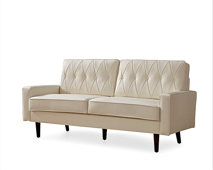 Container Furniture Modern Style Faux Leather Sofa with Elegant Round Tapered Legs and Button Tufted Backrest Perfect for Living Room Bedroom or Home Office 69.3’’ Wide White