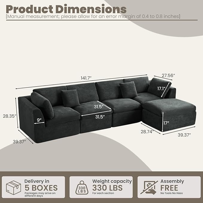 L Shape Modular Sectional Sofa 4 Seater Modular Couch with Ottoman Fully Compressed No Assembly Boneless Sofa (Grey)