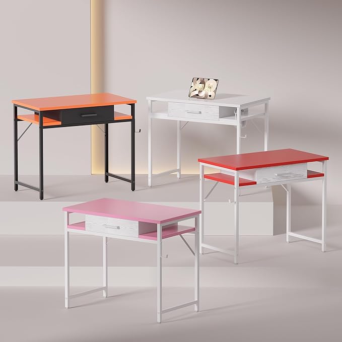 Pamray 32 Inch Small Computer Desk with Drawer and Shelves Simple Study Work Table for Bedroom Pink
