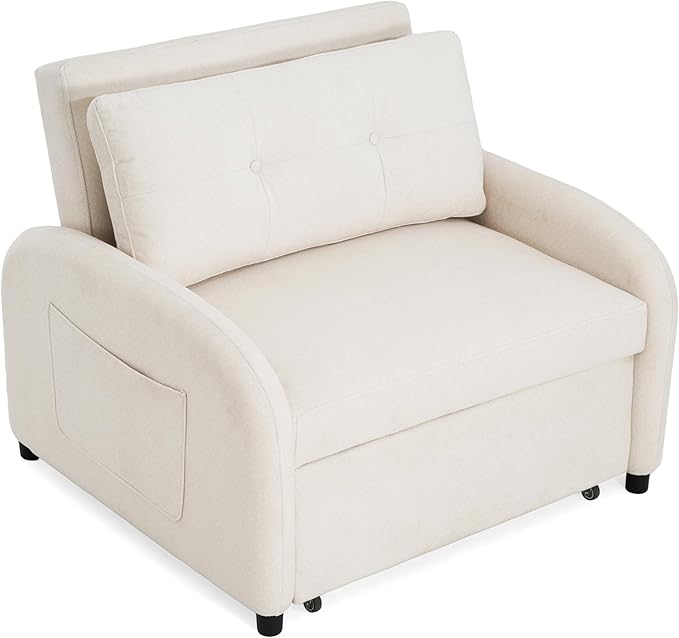 Merax 3-in-1 Convertible Sleeper Sofa Bed with Pillow &amp Side Pocket Soft Cotton Linen Loveseat Sleeper Chair for Living Room Bedroom Study Apartment Beige