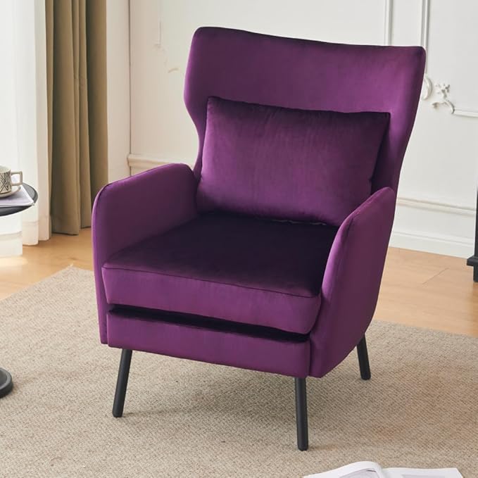 Chair reclinerWingback Velvet Accent Chair Modern Upholstered Armchair for Living Room Bedroom and Reception Area Comfortable Single Sofa Chair with Metal Legs and Pillow (Purple + Velvet)