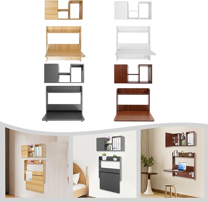 Wall Mounted Folding Writing Table w/Bookshelf - Solid Wood Home Office Desk 88.18lbs Table Load-BearingSpace-Saving Foldable Desktop Multi-Tier Storage for Books (Grey)