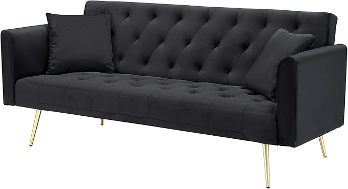 71 Futon Sofa Bed VelvetConvertible Sleeper Sofa CouchModern Folding Futonwith 3 Adjustable Backrests and 2 Pillowsfor Small Living Room Bedroom Office (Black)