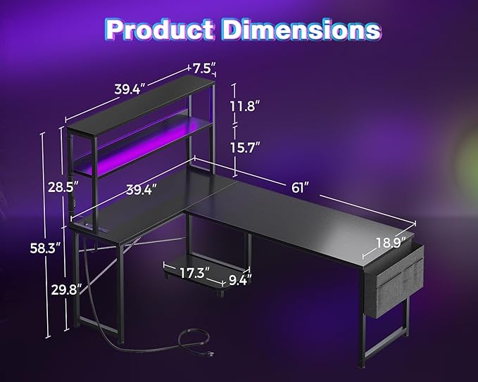 AODK L Shaped Desk Gaming Desk with LED Light &amp Power Outlet 61 Inch Reversible L Shaped Computer Table with Shelf &amp Storage Bag &amp Hook for Home Office Black
