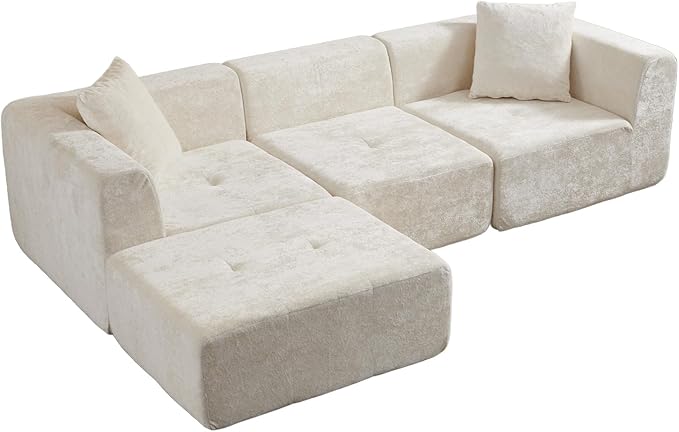 108 3-Seat L-Shaped Modular Sectional Sofa with Chaise Plush Velvet Cloud Couch - Comfy Deep Seat Boneless Couches No Assembly Required for Living Room Bedroom Beige