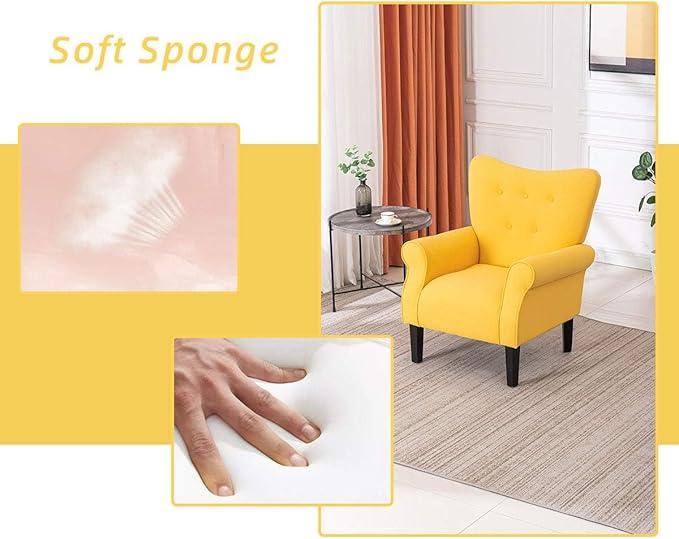 YOLENY Modern Accent ChairHigh Back ArmchairUpholstered Fabric Button Single Sofa with Wooden Legs for Living RoomBedroomClubYellow