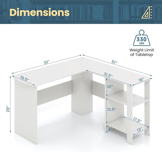 Nightcore 51 Inch L Shaped Desk with Storage Corner Desk with Open Shelves and CPU Stand Modern Office Computer Desk for Gaming Work Study Home Office White