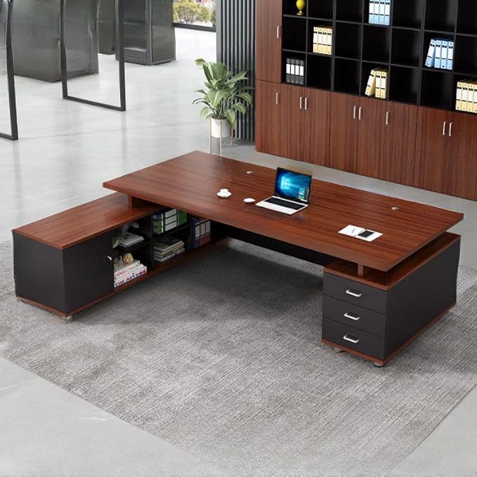 RUNNUP L-Shaped Executive Desk Contemporary Office Desk with Drawers and Cable Management Long Home Writing Desk Dark Brown 63 L x 47 W x 31.5 H Table Only