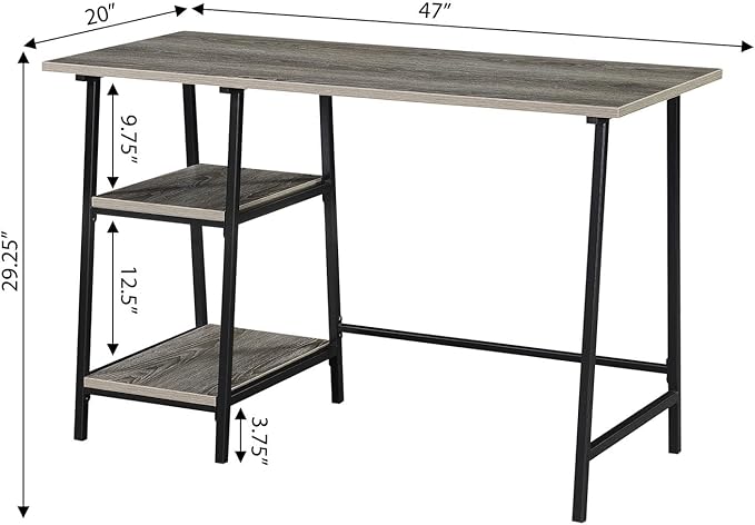 Pemberly Row Trestle Desk 47 in x 20 in x 29.25 in Weathered Gray Particle Board Wood Black Powder Coated Metal Frame Removable Shelves Home Office Workstation Modern Style