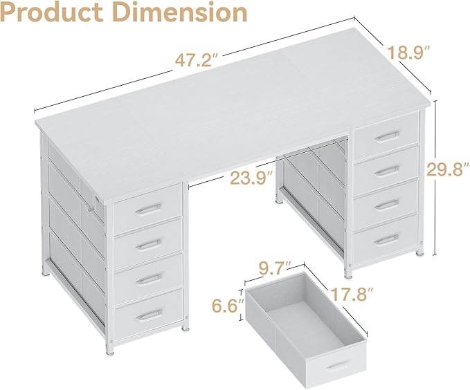 Casaottima 48 Inches Computer Desk with 8 Fabric Drawers Modern Office Desk with Large Storage for Home Office Study White