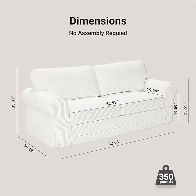 83 Corduroy Loveseat Sofa for Living Room Boneless Sofa with Wide Rounded Armrest Deep Cushioned Couch with Lock-Stitched Edges Skin-Friendly Cloud Couch White