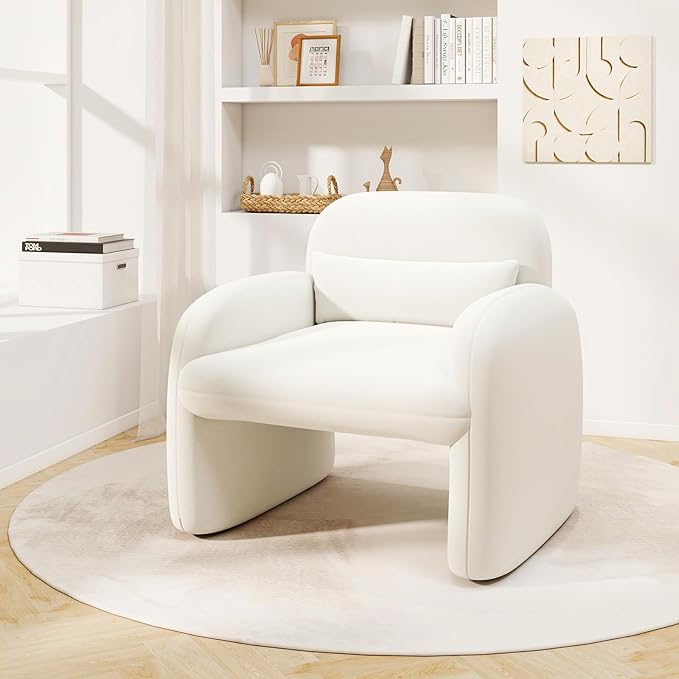 Giantex Set of 2 Accent Chairs for Living Room Modern Sherpa Fabric Upholstered Armchair w/Waist Pillow Comfy Reading Chair w/Armrests Small Single Sofa for Bedroom Reception Office White