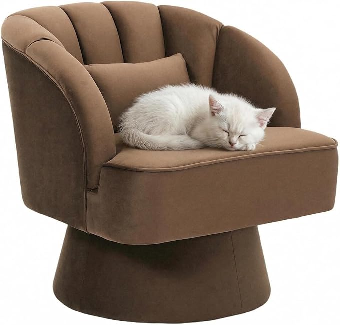 Modern 360° Swivel Barrel Accent Chair Velvet Fabric Upholstered Round Lounge Armchair with Striped Backrest &amp Plush Padding for Living Room Bedroom Reading NookBrown