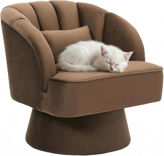 Modern 360° Swivel Barrel Accent Chair Velvet Fabric Upholstered Round Lounge Armchair with Striped Backrest &amp Plush Padding for Living Room Bedroom Reading NookBrown