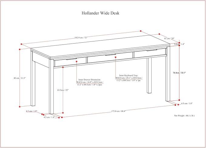 SIMPLIHOME Hollander Desk - 72 Inch Wide Solid Wood Writing Desk in Warm Walnut Brown Contemporary Modern Home Office Computer Table for Study with 2 Drawers and Flip-Down Keyboard Tray