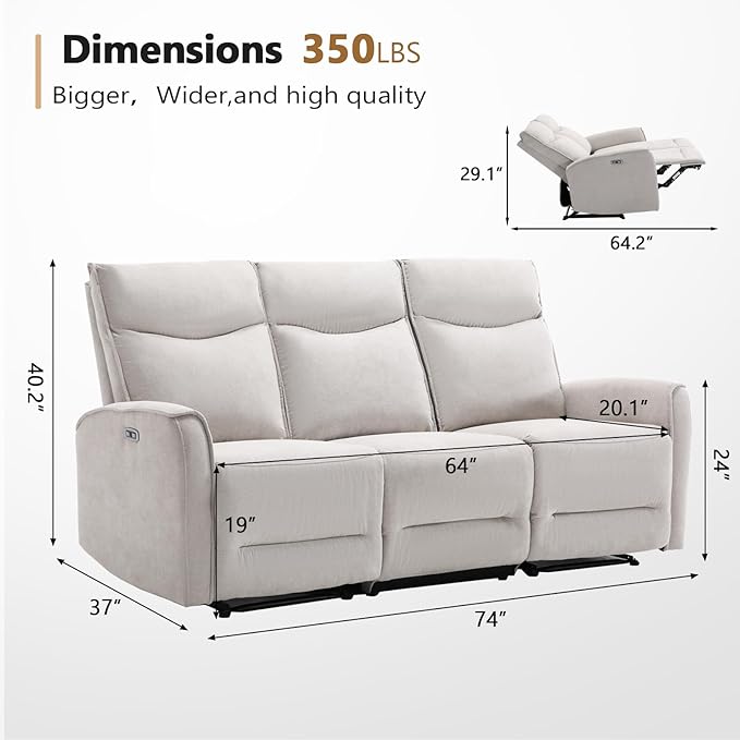 ANJ Power Reclining Loveseat Sofa for Living Room 80 Wide Overstuffed 3 Seater Electric Reclining Couch Recliner with ErgonomicModern Soft Fabric Double Recliner SofaLight Grey