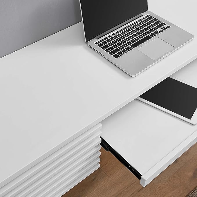 Floating Desk 60'' Wall Mounted Computer Desk with 2 Drawer &amp Keyboard Tray Home Office Desk Workstation Cable Hole Laptop PC Table for Living Room Bedroom Office White