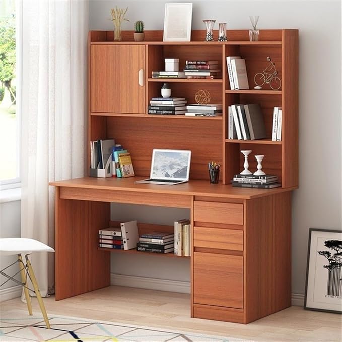 NIUYAO Modern Writing Desk with Hutch Bookshelf and Cable Management - Workstation PC Table Home Office Study Desk (Red Brown 47L x 18W x 64H)