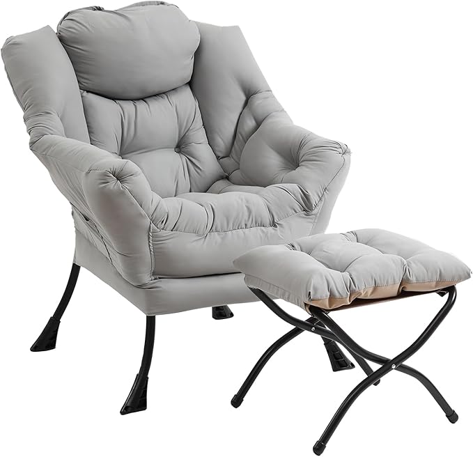Lazy Chair with Ottoman Modern Accent Chairs with Folding Footrest Light Grey Sofa Chair Set Comfortable Reading Chairs Oversized Armchairs for Bedroom Study Living Room Courtyard