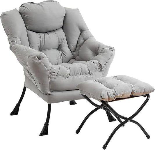 Lazy Chair with Ottoman Modern Accent Chairs with Folding Footrest Light Grey Sofa Chair Set Comfortable Reading Chairs Oversized Armchairs for Bedroom Study Living Room Courtyard