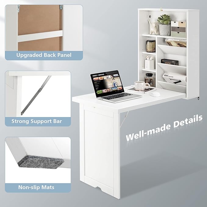 GOFLAME Wall Mounted Folding Desk 3-Tier Tilt Storage Partition With Adjustable Shelves Space-Saving Floating Laptop Desk Convertible Writing Table for Home Office White