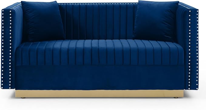 mikibama Modern Velvet Loveseat Sofa 61.4 Inch Vertical Channel Tufted Sofa Couch Luxury 2 Seater Couch with 2 Pillows and Gold Metal Legs for Living Room Bedroom Apartment Blue