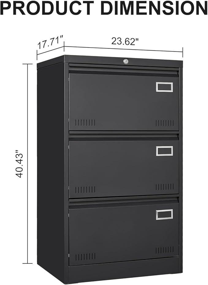 Metal Lateral File Cabinet with 3 Drawers Office Filing Storage Locking Cabinet for Home Office Heavy Duty Office Storage Cabinet for Legal/Letter/A4/F4 Size (Require Assembly) (Black)