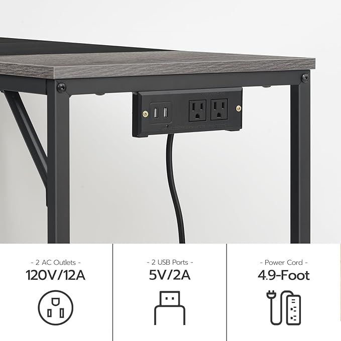 HOOBRO Computer Desk Home Office Desk with Power Outlet Modern Study Writing Desk with 3 Hooks for Study Room Home Office Sturdy and Stable Easy to Assemble Charcoal Gray and Black BC41UDN01