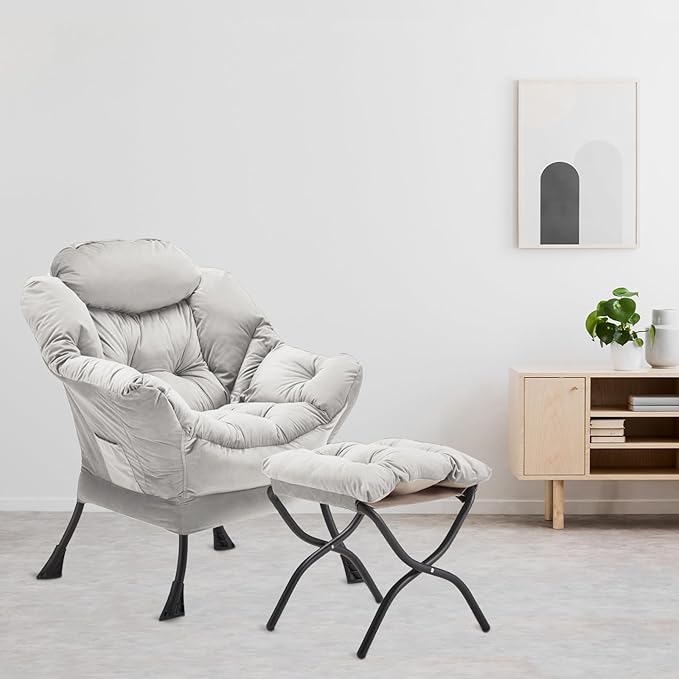 Lazy Chair with Folding Ottoman Accent Chair Velvet Upholstered with Metal Structure and Non-Slip Pads Sofa Armchair with Footrest and Side Storage Bag for Dorm Room Office Light Gray