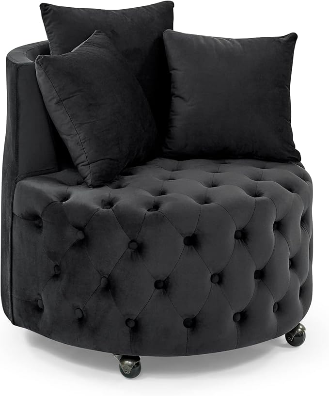 Velvet Upholstered Swivel Chair Velvet Swivel Chair for Living Room Button Tufted Velvet Upholstered Swivel Chair Design with Movable Wheels Includes 3 Decorative Pillows Black