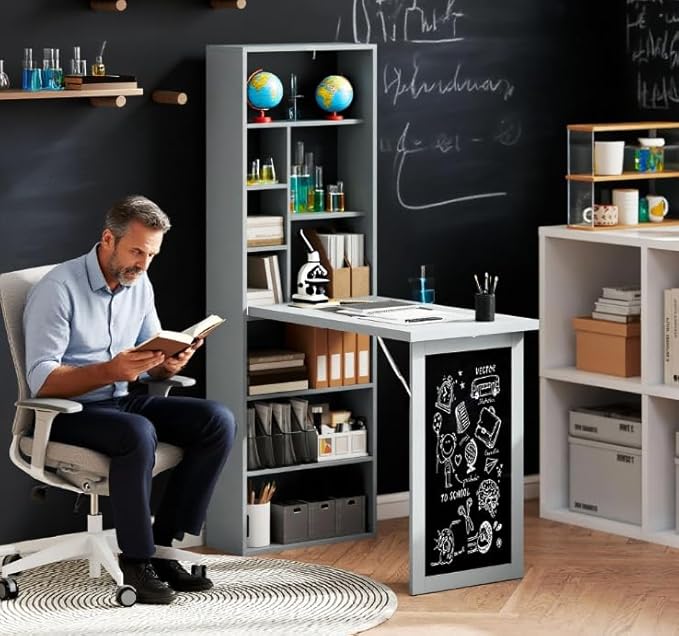 Foldable Wall Mounted Desk with Storage Shelves Fold Out Convertible Computer Table with Blackboard Folding Writing Table Workstation for Small SpacesHome Office (Grey)
